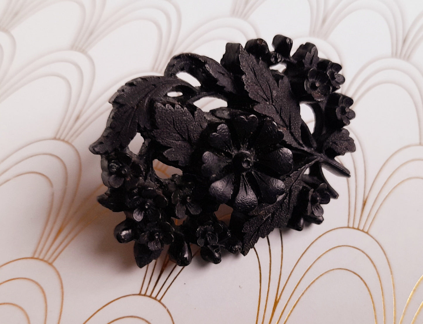 Luxury French Antique Whitby Jet Brooch, 1800s Victorian Jewellery, Floral Pin, Antique Jewelry, Mourning Brooch, Hand Carved Whitby Jet...