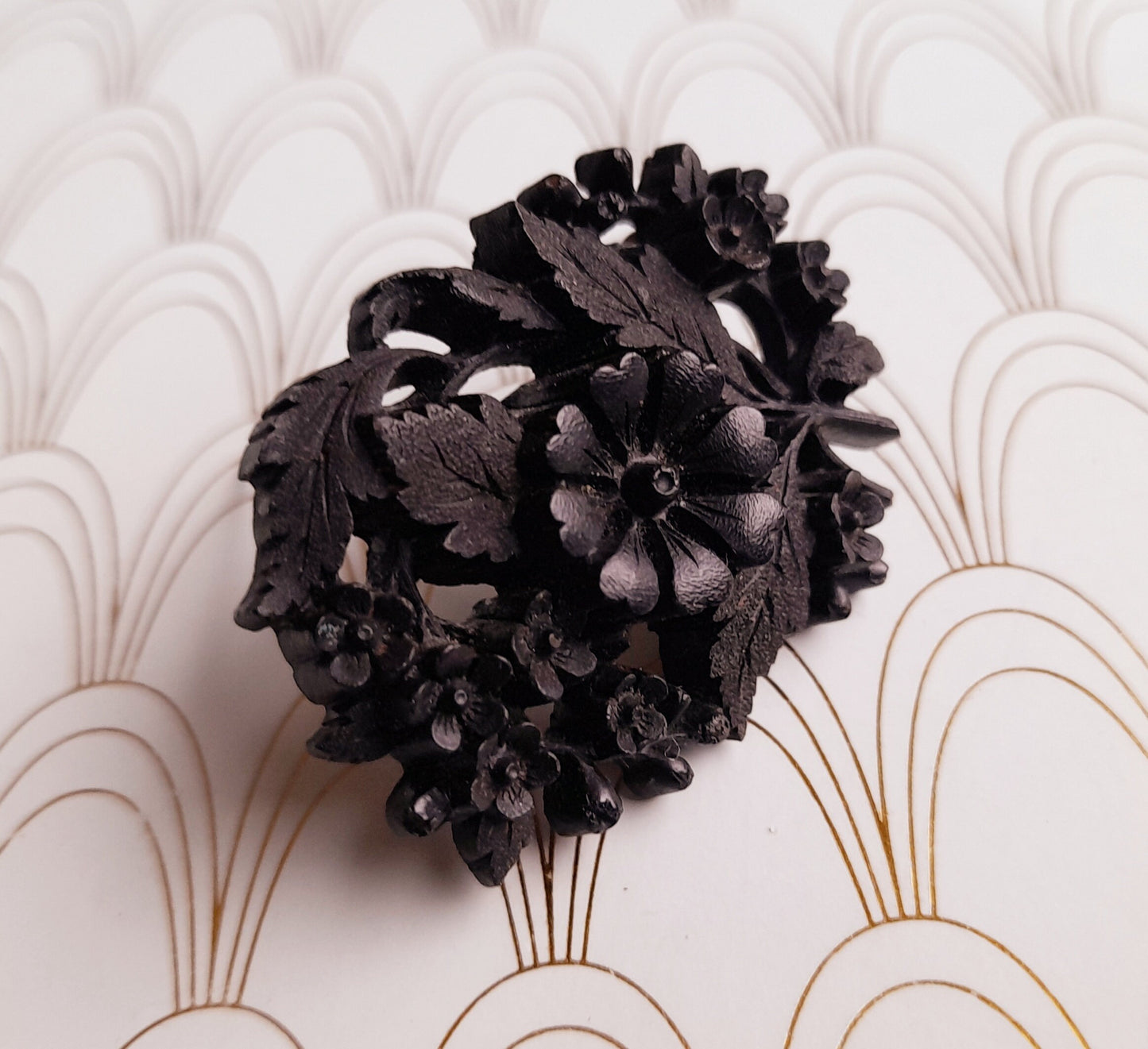 Luxury French Antique Whitby Jet Brooch, 1800s Victorian Jewellery, Floral Pin, Antique Jewelry, Mourning Brooch, Hand Carved Whitby Jet...