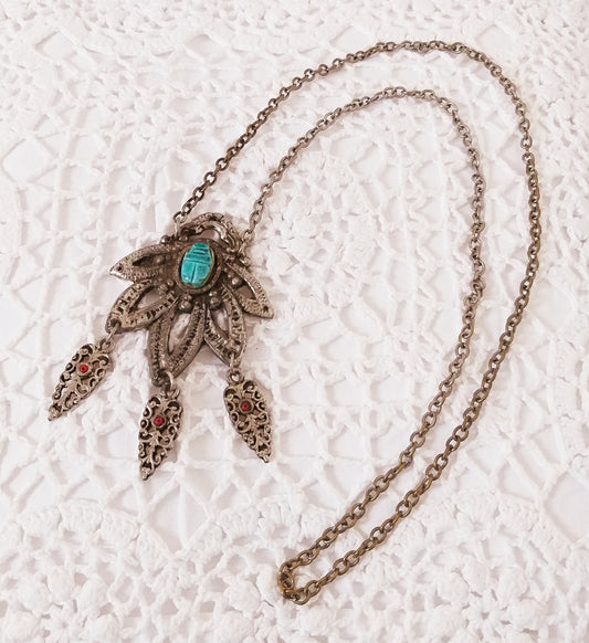 Vintage Egyptian Revival Necklace, Antique Egyptian Scarab Beetle Pendant, Vintage French Jewellery, Art Nouveau Silver Charm Necklace...