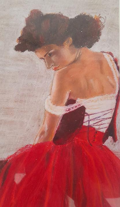 Mid Century French Spanish Flamenco Dancer. Modern Oil Painting on Board, Vintage Textured Oil Pastel Painting. Impressionist Ballet Dancer.