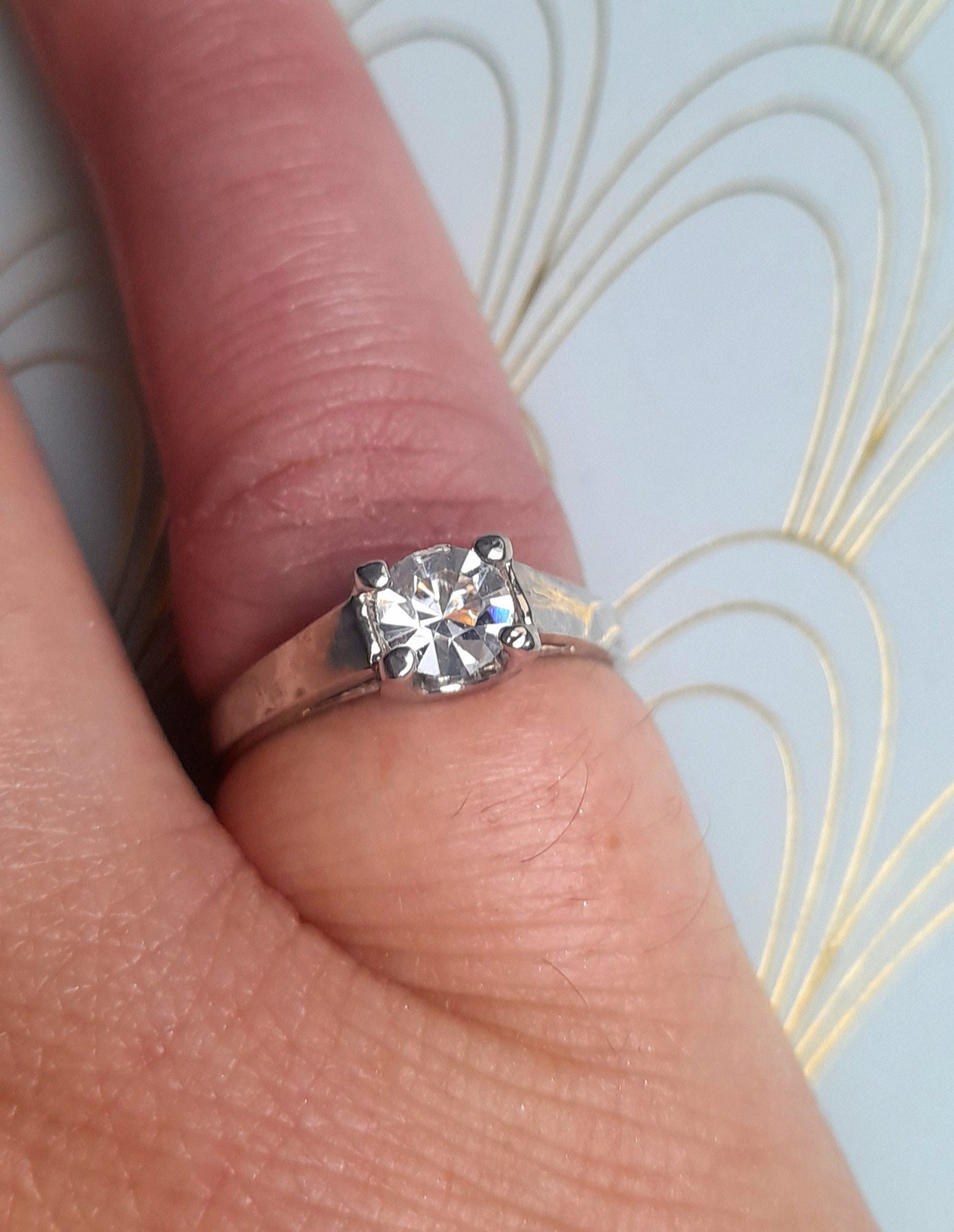 French Art Deco Solitaire Ring, Vintage Engagement Ring, US Size 6 Sterling Silver Rock Crystal, Diamond Solitaire Ring, Vintage Jewelry Box