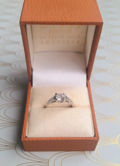 French Art Deco Solitaire Ring, Vintage Engagement Ring, US Size 6 Sterling Silver Rock Crystal, Diamond Solitaire Ring, Vintage Jewelry Box