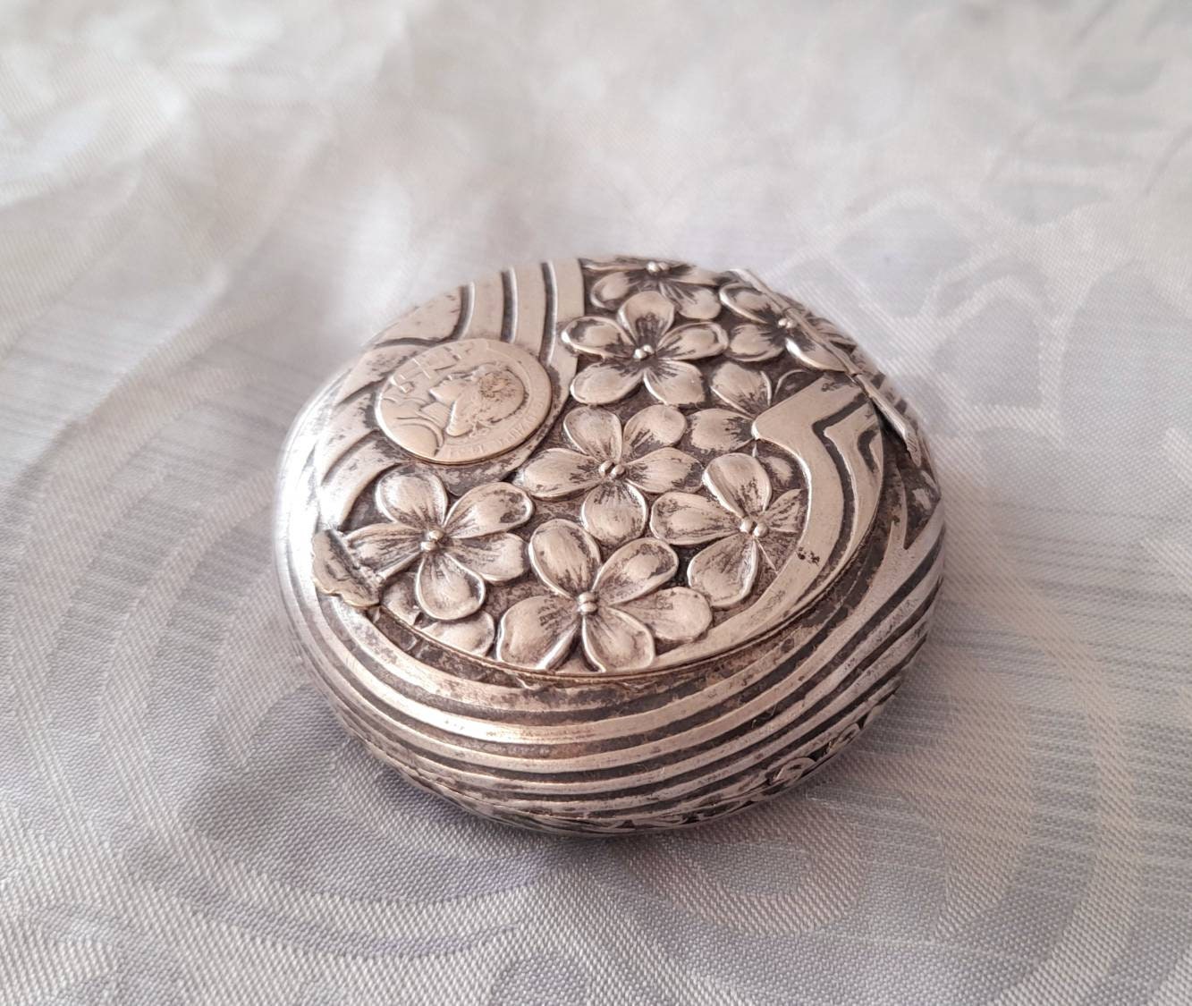 Rare Art Nouveau Joan of Arc Silver Pill Pot / Snuff Box, Antique French Floral Sterling Silver, Vintage Gold Purse, Luxury Gift for Her...