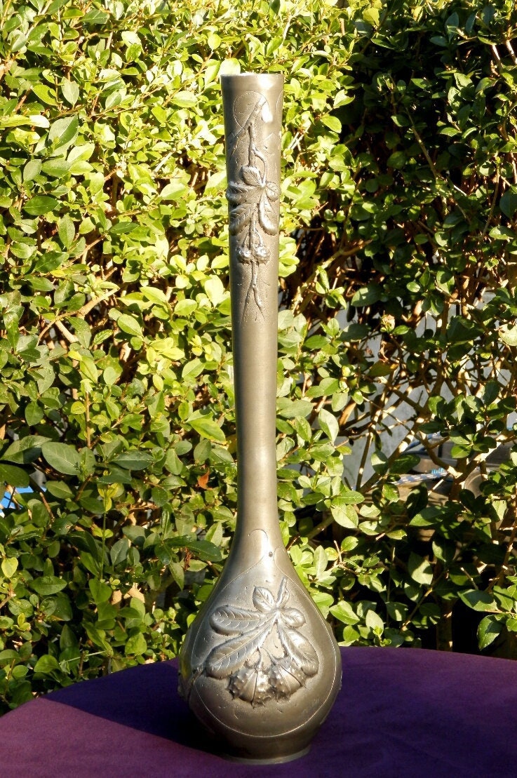 TALL Signed Art Nouveau Vase, Arts and Crafts, Statement Piece, Autumn / Fall Designer Statue , French Home Decor, Rare Antique Floral Vase.