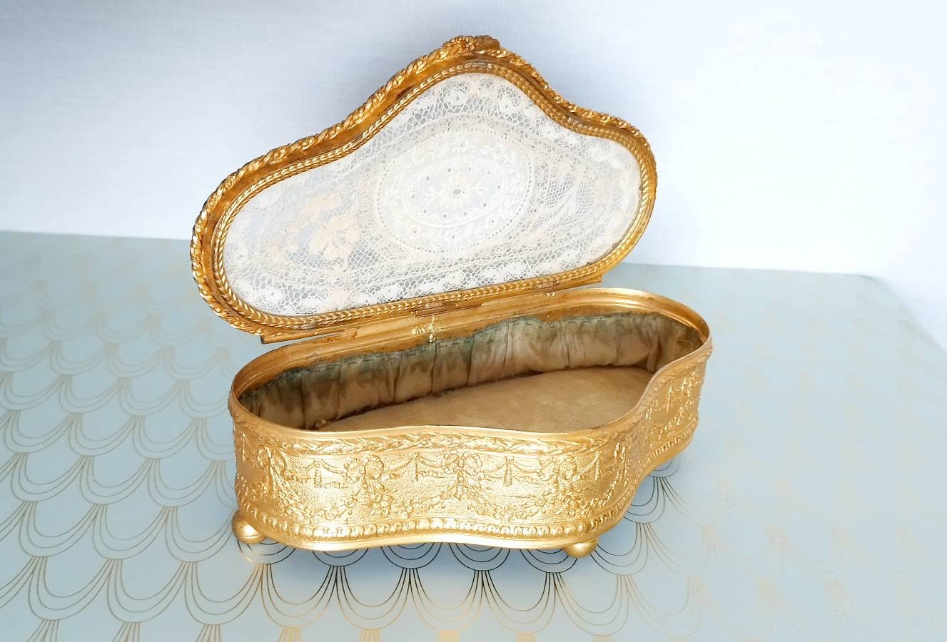Luxury Antique French Gilded Jewelry Box, Glass Casket, Romantic Trinket Box, French Lace, Art Nouveau Box, Luxury Gift for Her Gold Jewelry