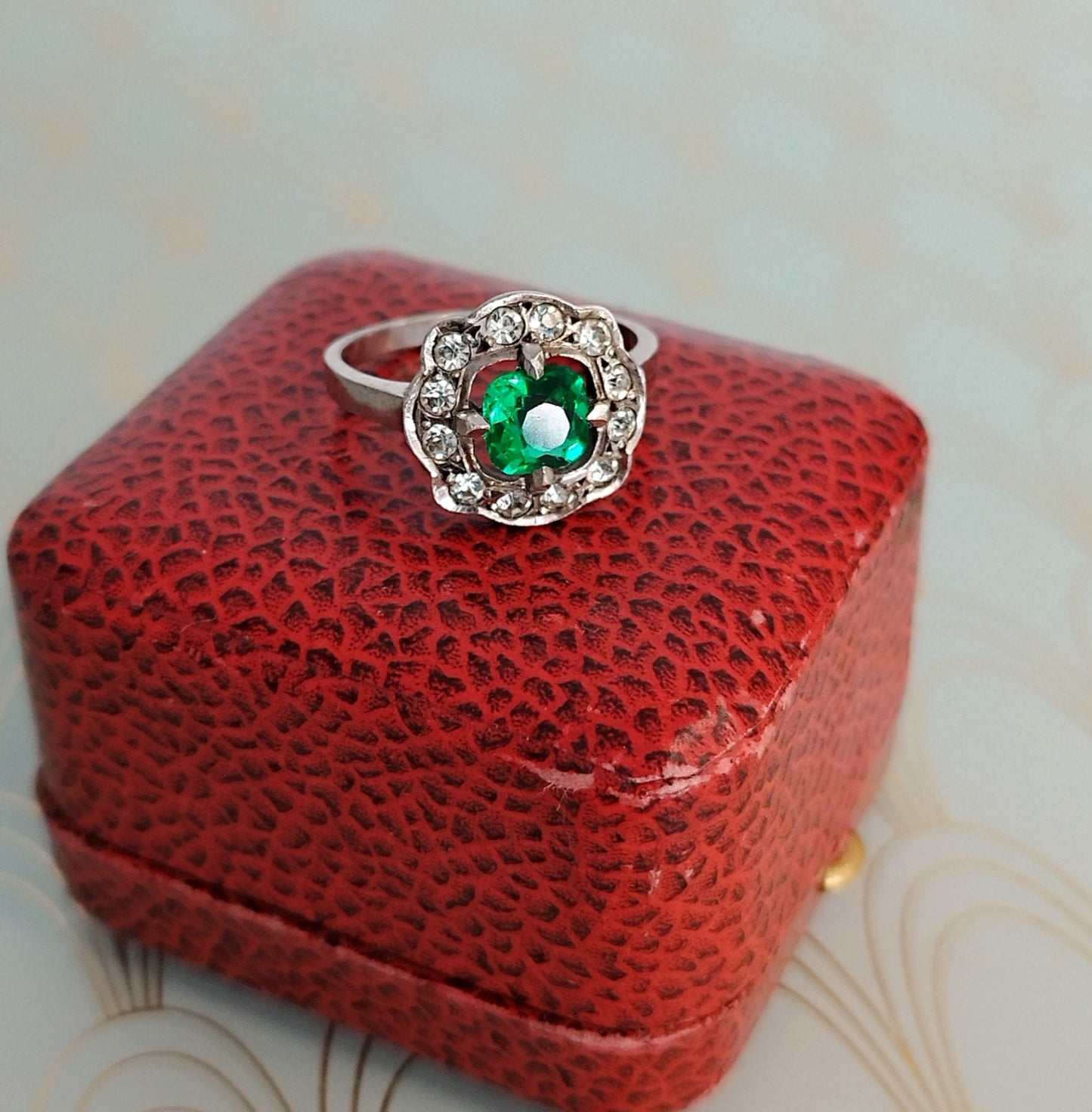 Vintage French Art Deco Halo Ring, Cushion Cut Emerald Ring, Art Deco Engagement Ring, Luxury Diamond Ring, French Vintage Jewelry Box..