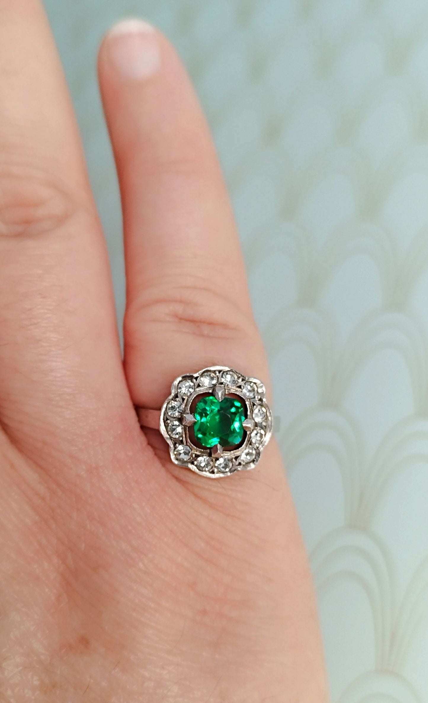 Vintage French Art Deco Halo Ring, Cushion Cut Emerald Ring, Art Deco Engagement Ring, Luxury Diamond Ring, French Vintage Jewelry Box..