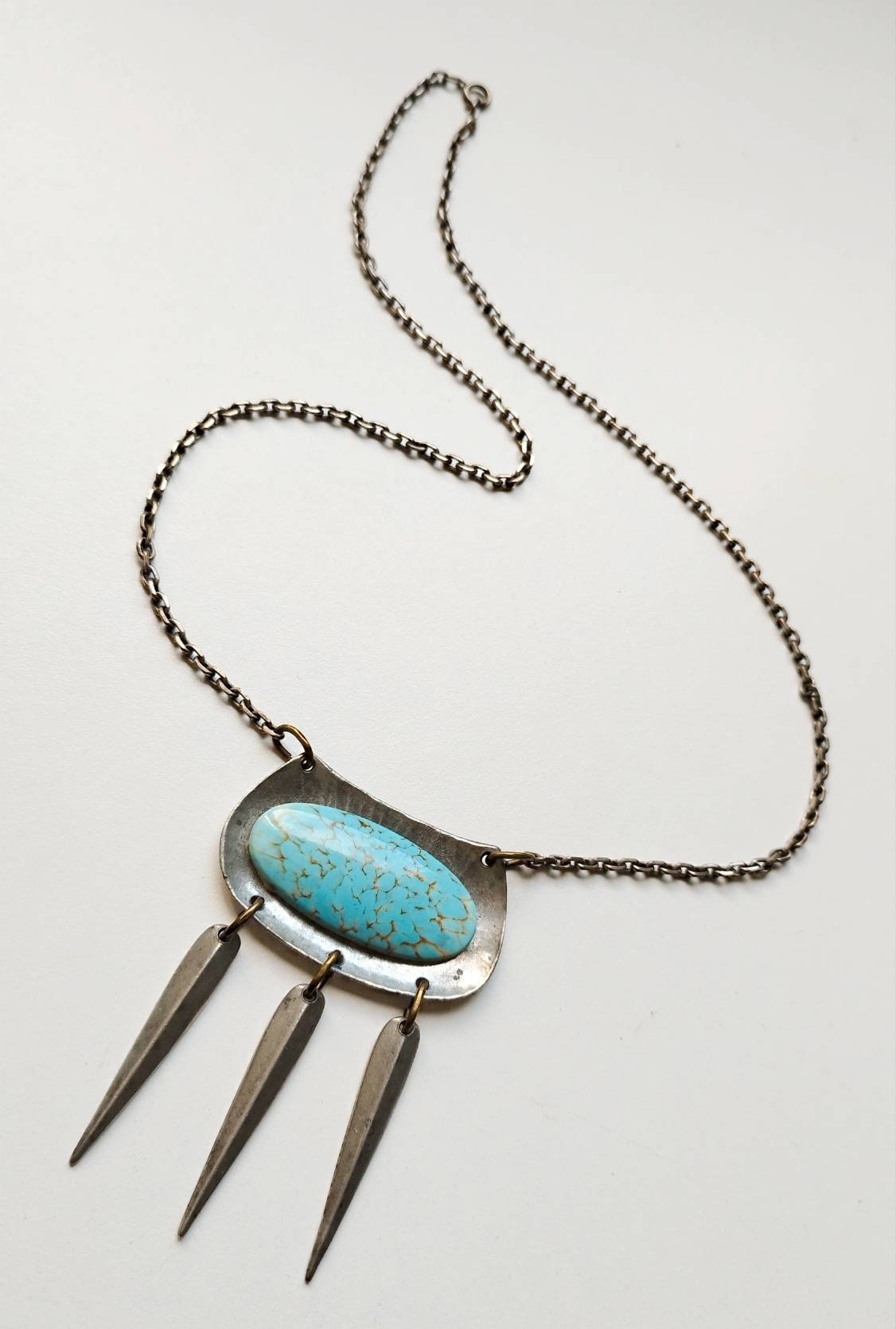 Original Art Deco Enamel Necklace, Antique Turquoise Pendant, Vintage French Art Deco Necklace, Silver Enamel Pendant, Vintage Jewelry Box..