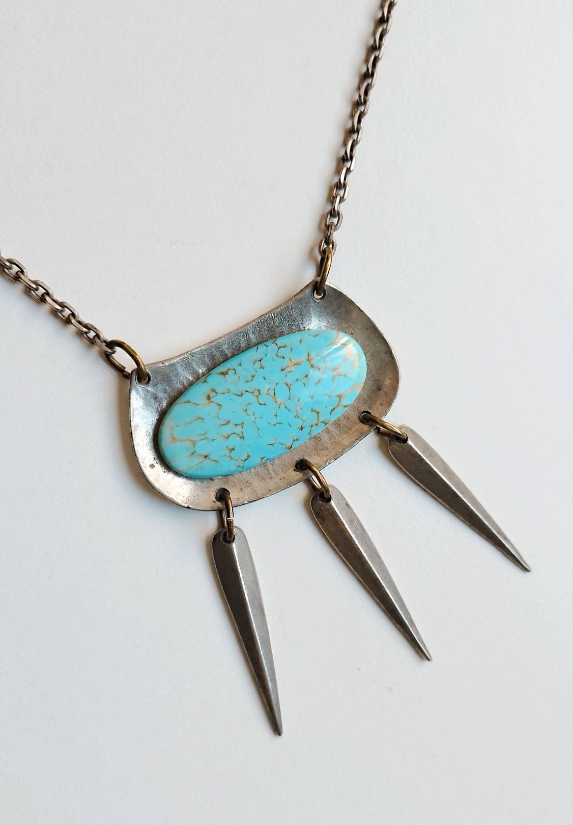 Original Art Deco Enamel Necklace, Antique Turquoise Pendant, Vintage French Art Deco Necklace, Silver Enamel Pendant, Vintage Jewelry Box..