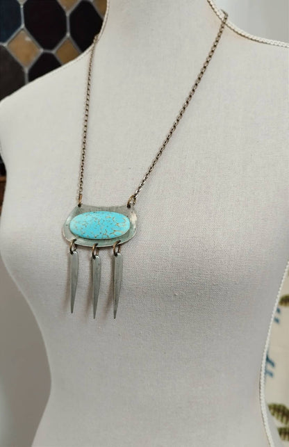 Original Art Deco Enamel Necklace, Antique Turquoise Pendant, Vintage French Art Deco Necklace, Silver Enamel Pendant, Vintage Jewelry Box..