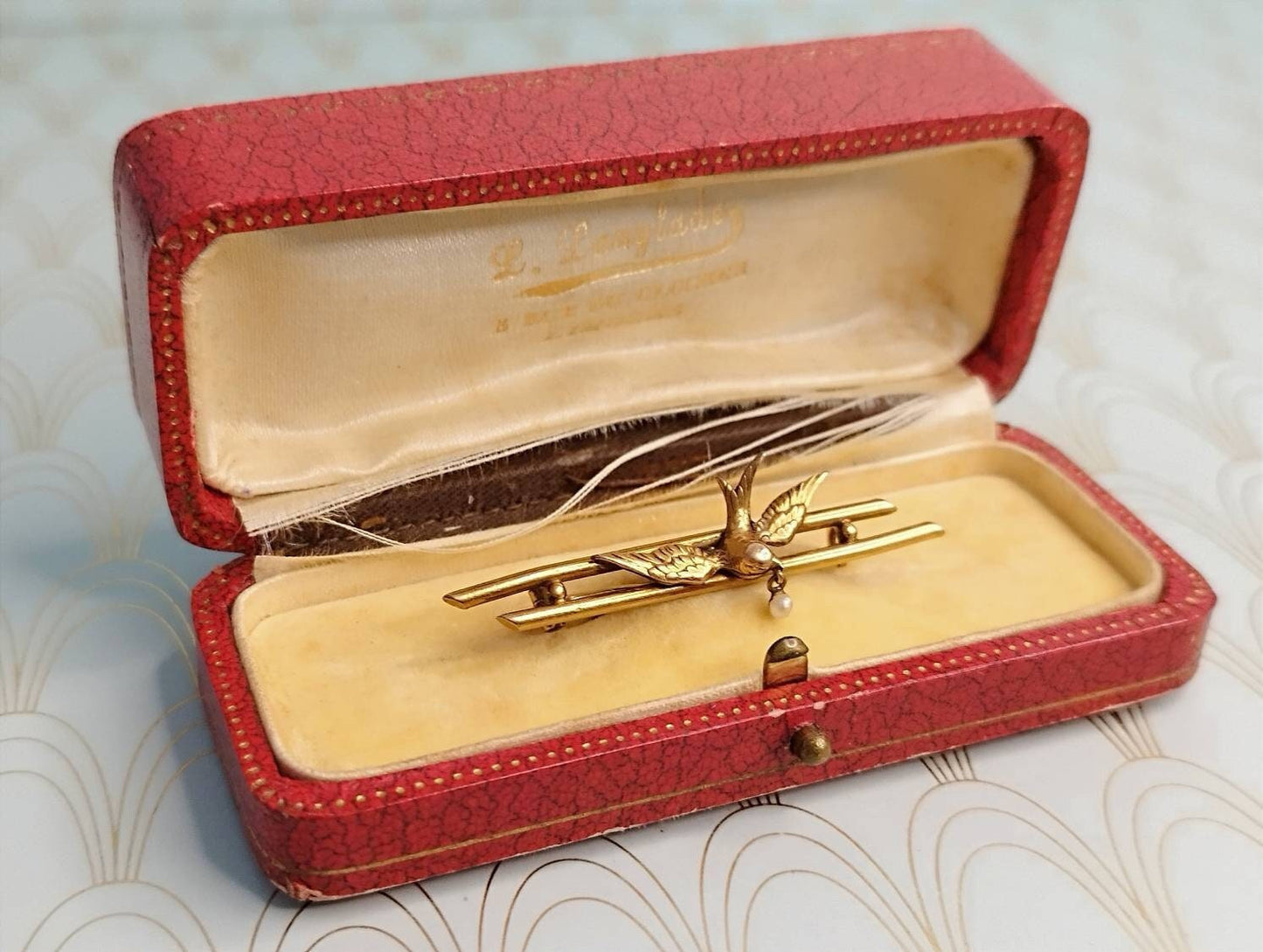 French Art Nouveau Swallow Brooch, Gold Natural Pearl Pin, Art Nouveau Jewelry, Antique French Jewelry Box, Miniature Bird Brooch Pendant...