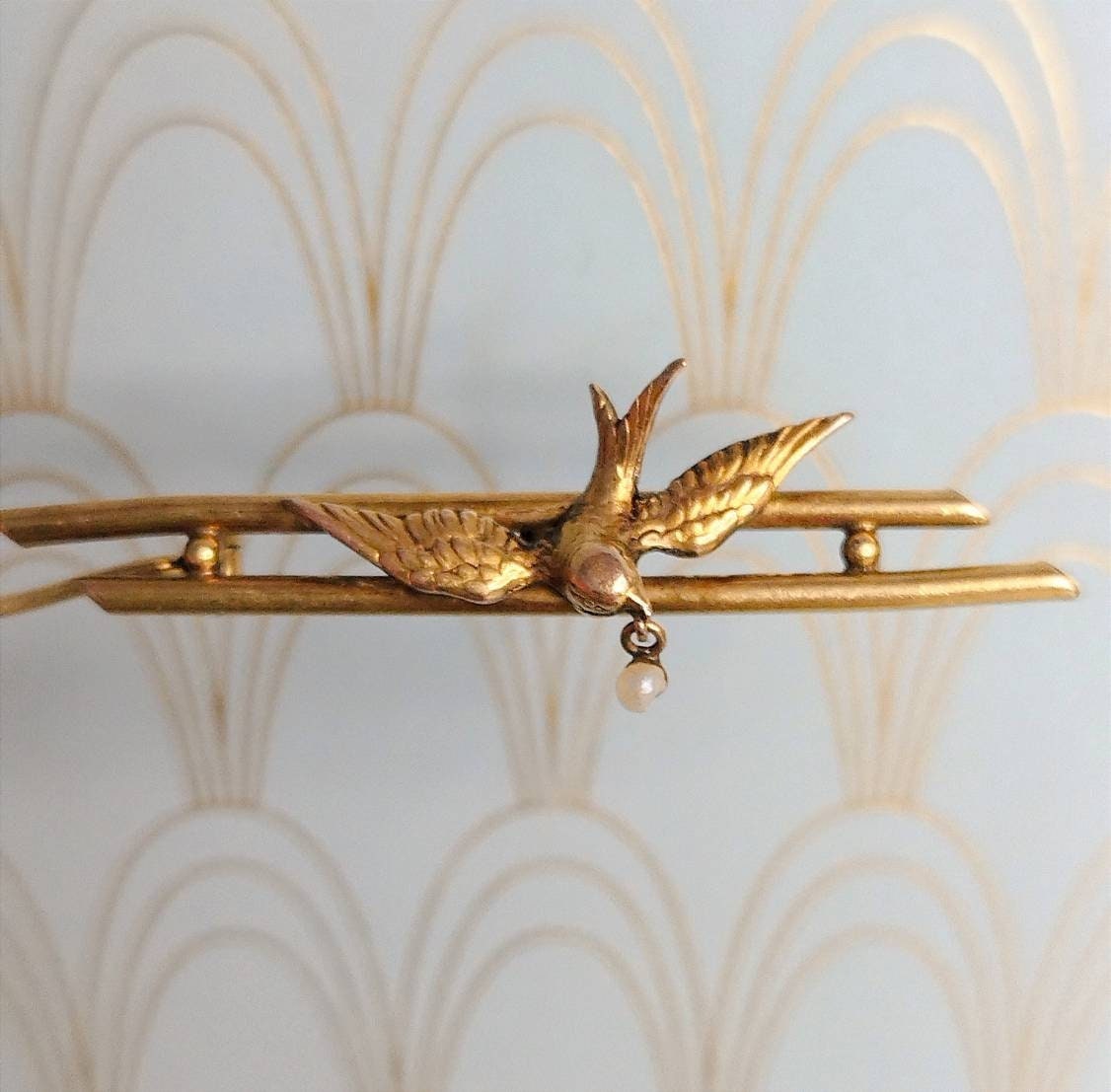 French Art Nouveau Swallow Brooch, Gold Natural Pearl Pin, Art Nouveau Jewelry, Antique French Jewelry Box, Miniature Bird Brooch Pendant...
