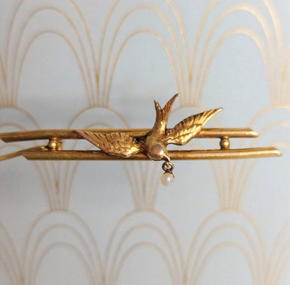 French Art Nouveau Swallow Brooch, Gold Natural Pearl Pin, Art Nouveau Jewelry, Antique French Jewelry Box, Miniature Bird Brooch Pendant...