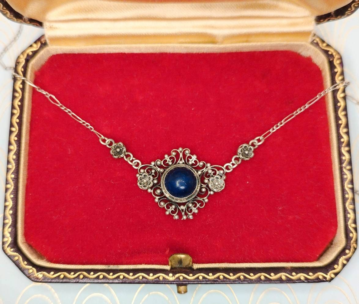 Antique French Lapis Lazuli Negligee Necklace, 1800 Antique Silver Pendant, Art Nouveau Jewelry, Luxury Victorian Necklace, Wedding Necklace