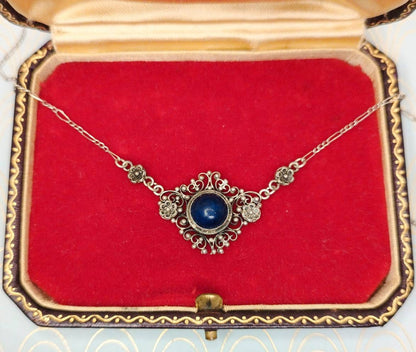 Antique French Lapis Lazuli Negligee Necklace, 1800 Antique Silver Pendant, Art Nouveau Jewelry, Luxury Victorian Necklace, Wedding Necklace