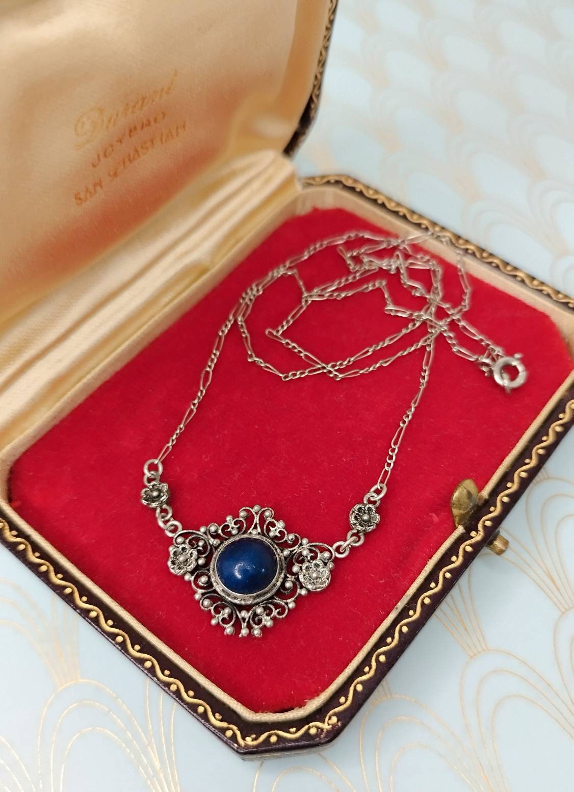 Antique French Lapis Lazuli Negligee Necklace, 1800 Antique Silver Pendant, Art Nouveau Jewelry, Luxury Victorian Necklace, Wedding Necklace