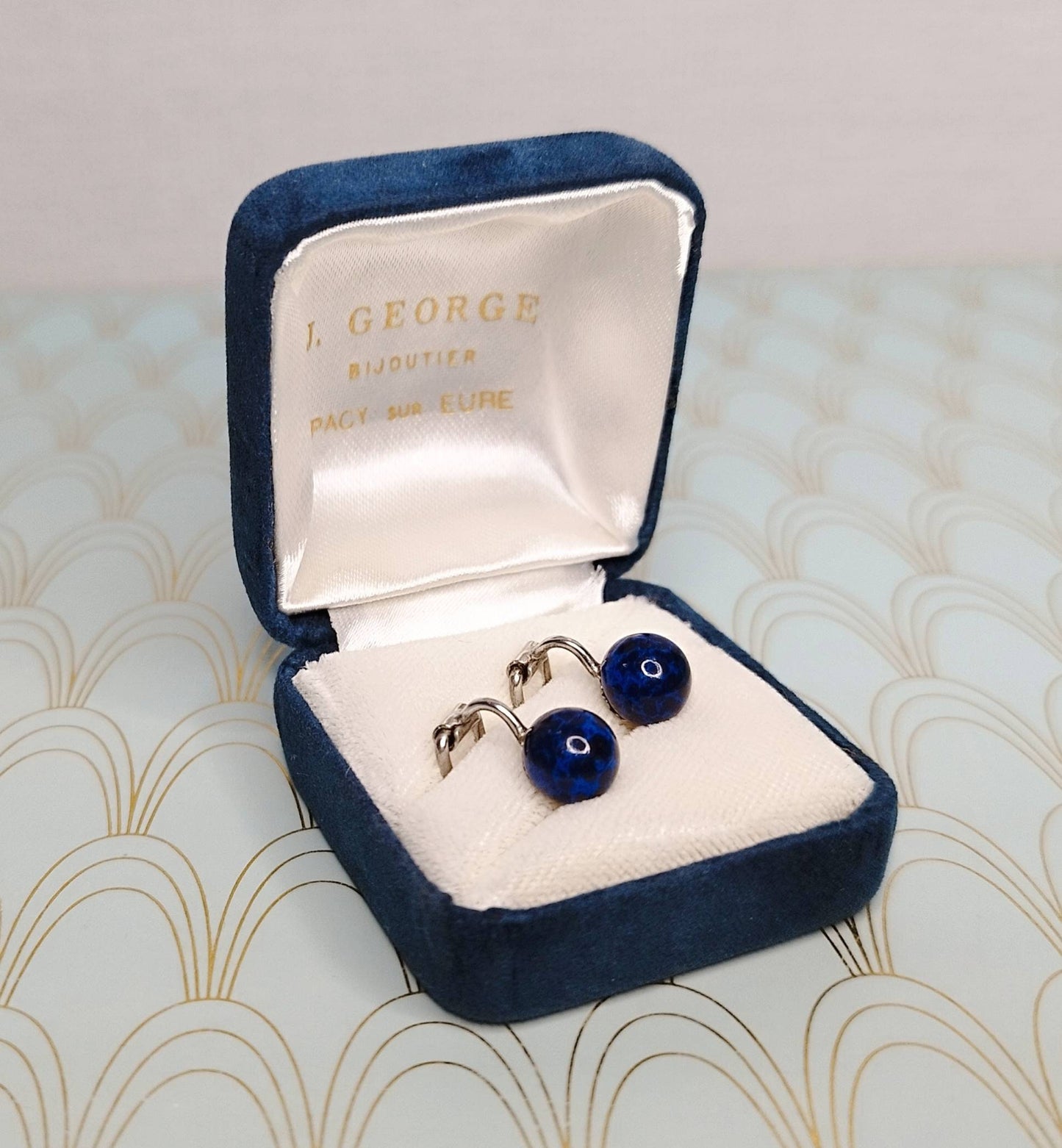 Luxury Vintage French Lapis Lazuli Stud Earrings, Dormeuse Earrings, Clip on Sleepers Earrings, Art Deco Jewelry Box, Lapis Lazuli Jewellery
