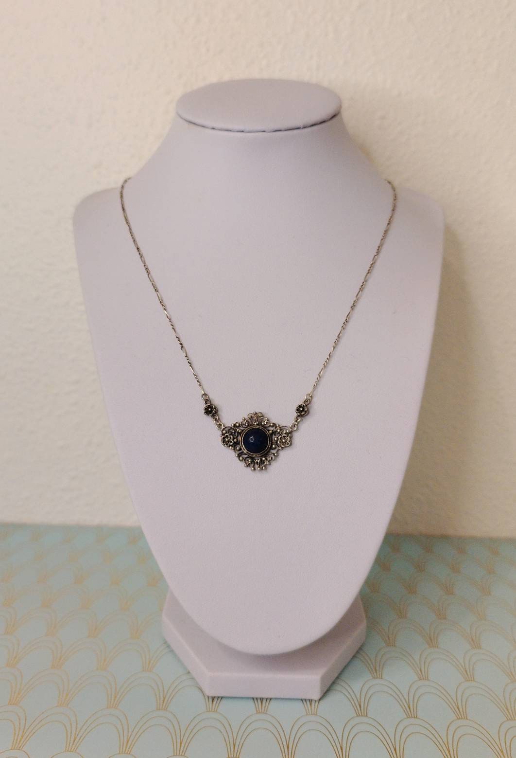 Antique French Lapis Lazuli Negligee Necklace, 1800 Antique Silver Pendant, Art Nouveau Jewelry, Luxury Victorian Necklace, Wedding Necklace