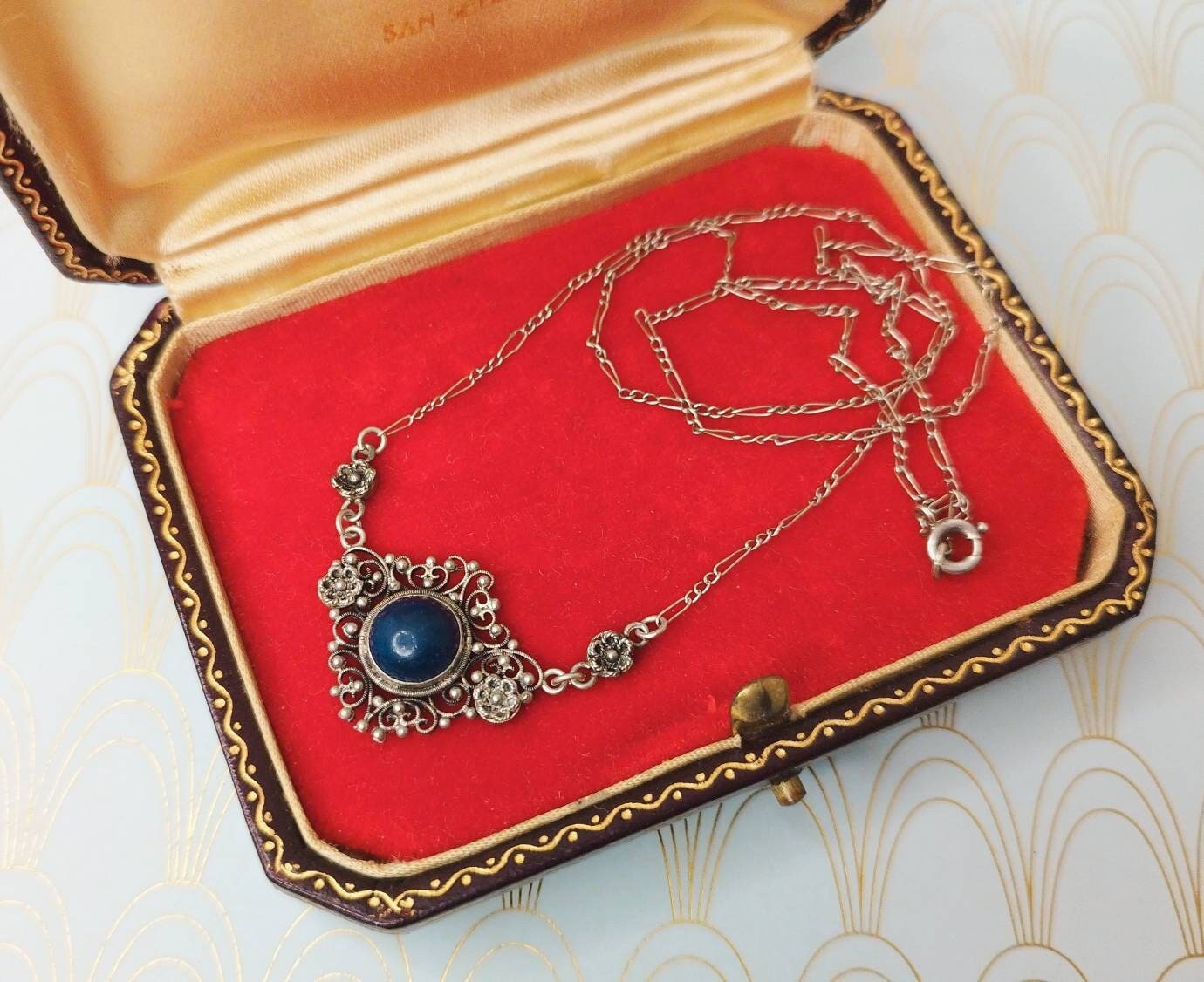 Antique French Lapis Lazuli Negligee Necklace, 1800 Antique Silver Pendant, Art Nouveau Jewelry, Luxury Victorian Necklace, Wedding Necklace