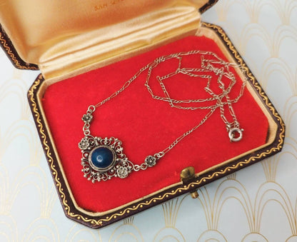 Antique French Lapis Lazuli Negligee Necklace, 1800 Antique Silver Pendant, Art Nouveau Jewelry, Luxury Victorian Necklace, Wedding Necklace