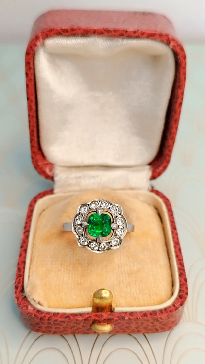 Vintage French Art Deco Halo Ring, Cushion Cut Emerald Ring, Art Deco Engagement Ring, Luxury Diamond Ring, French Vintage Jewelry Box..
