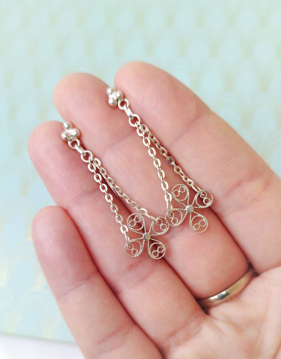 Antique French Silver Filigree Earrings, Dangle Drop Earrings, Vintage Jewelry Box, Rare French Jewelry Handmade Dormeuse Victorian Earrings