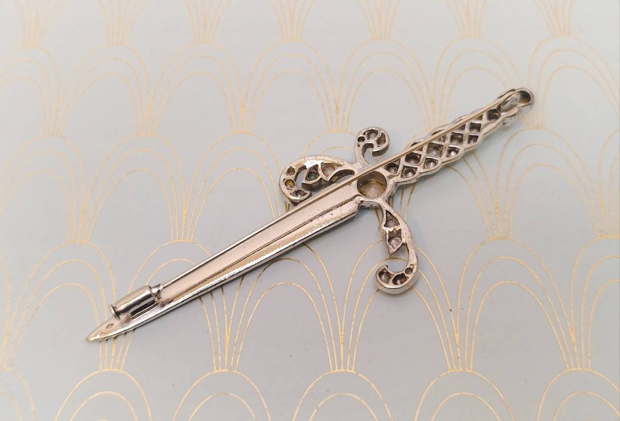 Rare Antique French Brooch, 1800's French Jewelry, Rare Luxury Diamond Dagger Brooch, Vintage Sword, Silver Paste, Rare Victorian Jewellery