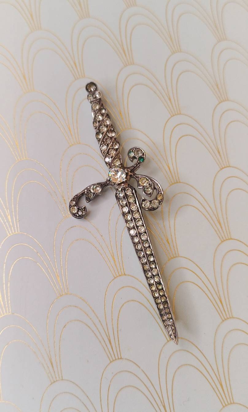 Rare Antique French Brooch, 1800's French Jewelry, Rare Luxury Diamond Dagger Brooch, Vintage Sword, Silver Paste, Rare Victorian Jewellery
