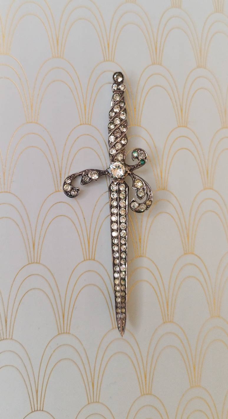 Rare Antique French Brooch, 1800's French Jewelry, Rare Luxury Diamond Dagger Brooch, Vintage Sword, Silver Paste, Rare Victorian Jewellery