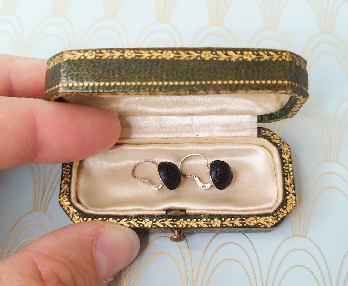 Antique French Jet Dormeuse Earrings, Rare 1800's French Earrings, Antique Jewellery Box, Handmade Victorian Jewelry, Luxury French Earrings