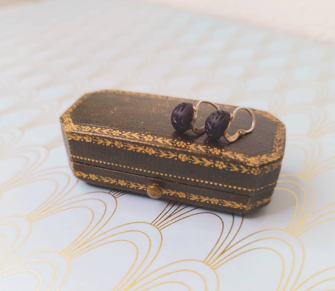 Antique French Jet Dormeuse Earrings, Rare 1800's French Earrings, Antique Jewellery Box, Handmade Victorian Jewelry, Luxury French Earrings
