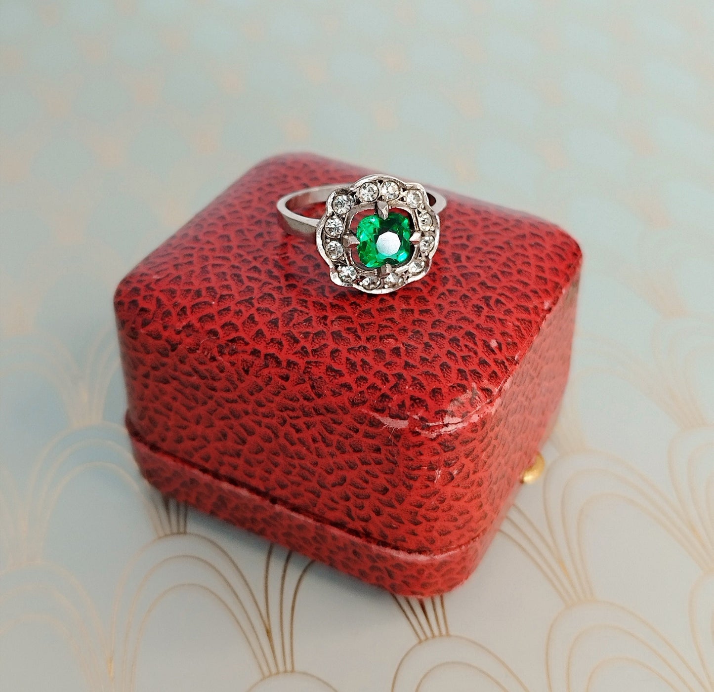 Vintage French Art Deco Halo Ring, Cushion Cut Emerald Ring, Art Deco Engagement Ring, Luxury Diamond Ring, French Vintage Jewelry Box..