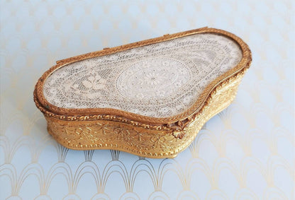 Luxury Antique French Gilded Jewelry Box, Glass Casket, Romantic Trinket Box, French Lace, Art Nouveau Box, Luxury Gift for Her Gold Jewelry