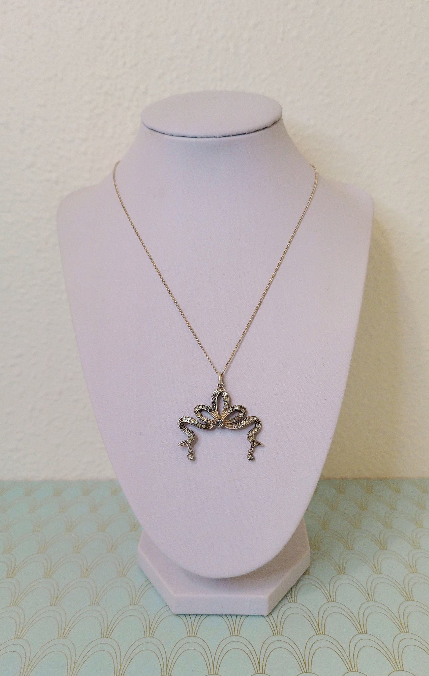 Antique French Art Nouveau Necklace with Vintage Jewelry Box, Diamond Negligee Pendant, 1800's Jewelry, Silver & Paste Art Nouveau Necklace