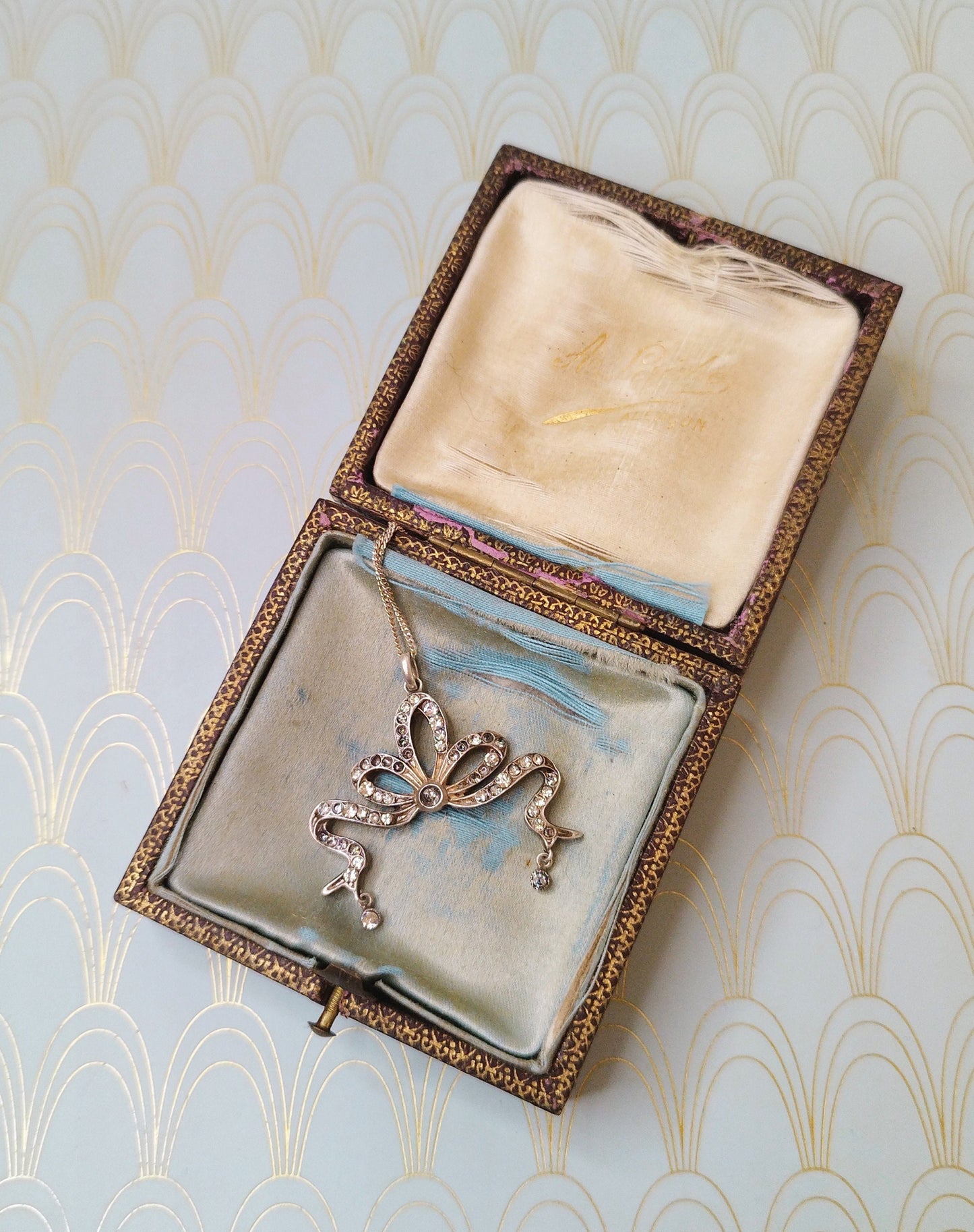 Antique French Art Nouveau Necklace with Vintage Jewelry Box, Diamond Negligee Pendant, 1800's Jewelry, Silver & Paste Art Nouveau Necklace
