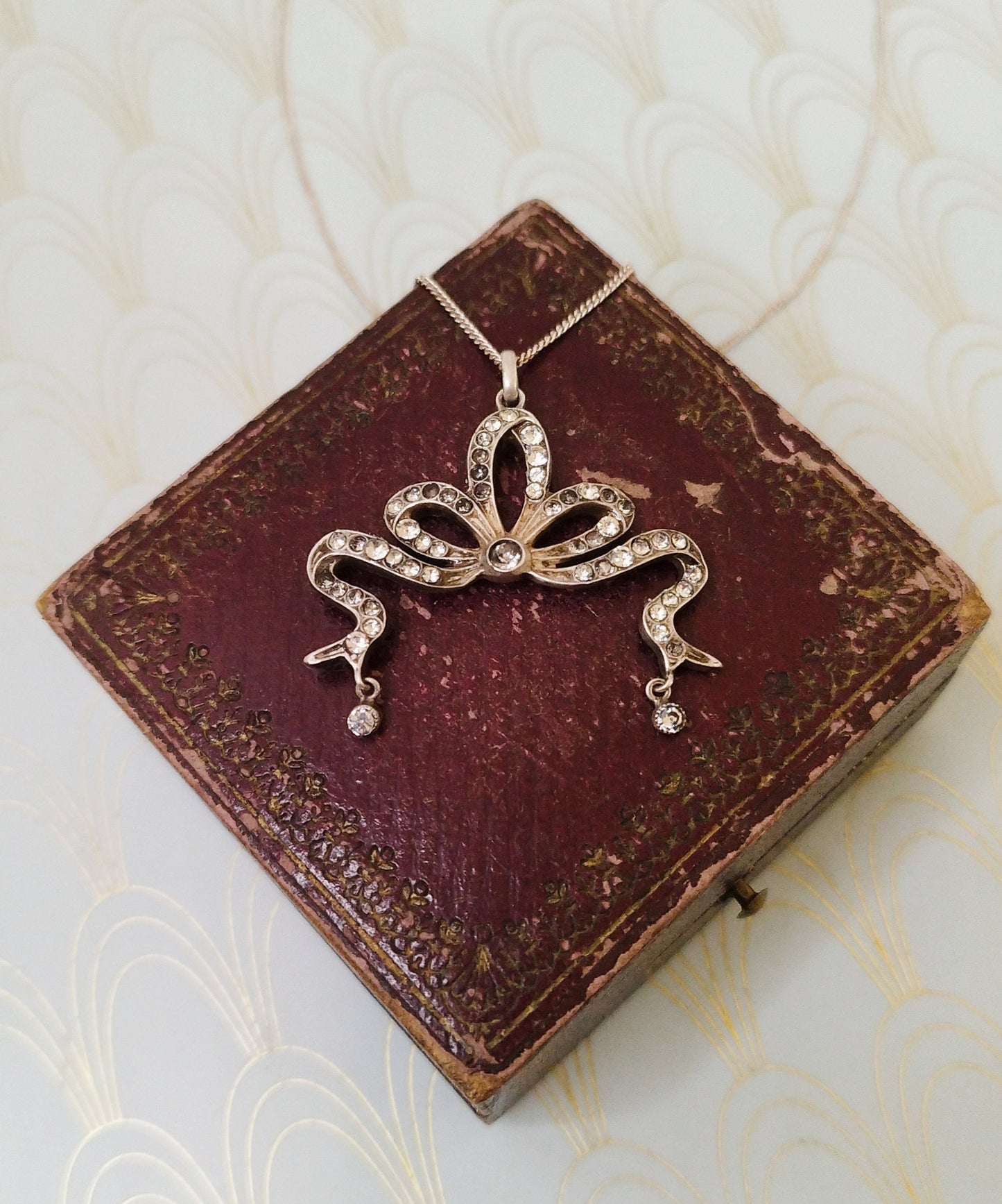 Antique French Art Nouveau Necklace with Vintage Jewelry Box, Diamond Negligee Pendant, 1800's Jewelry, Silver & Paste Art Nouveau Necklace