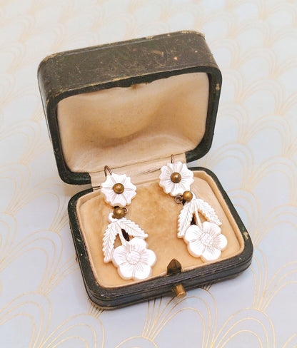 Rare Antique French Mother of Pearl Dangle Drop Earrings, Victorian Forget Me Not Flower Jewellery, Antique Jewelry Box, Dormeuse Earrings