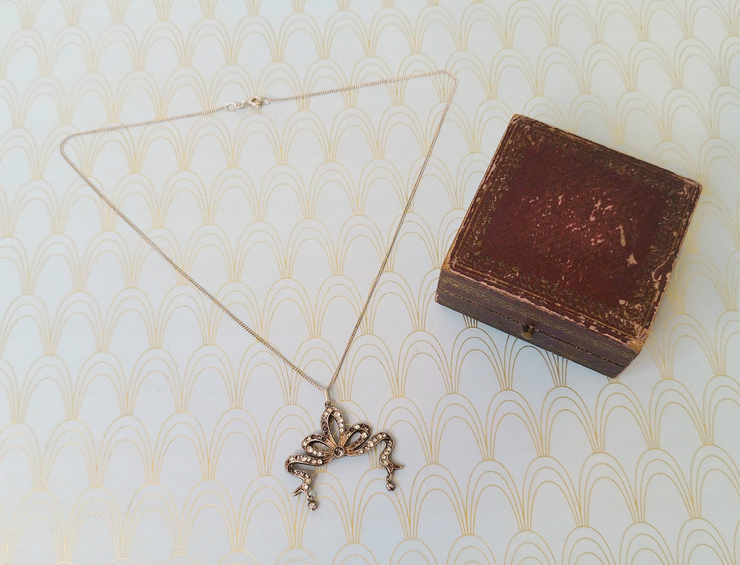 Antique French Art Nouveau Necklace with Vintage Jewelry Box, Diamond Negligee Pendant, 1800's Jewelry, Silver & Paste Art Nouveau Necklace