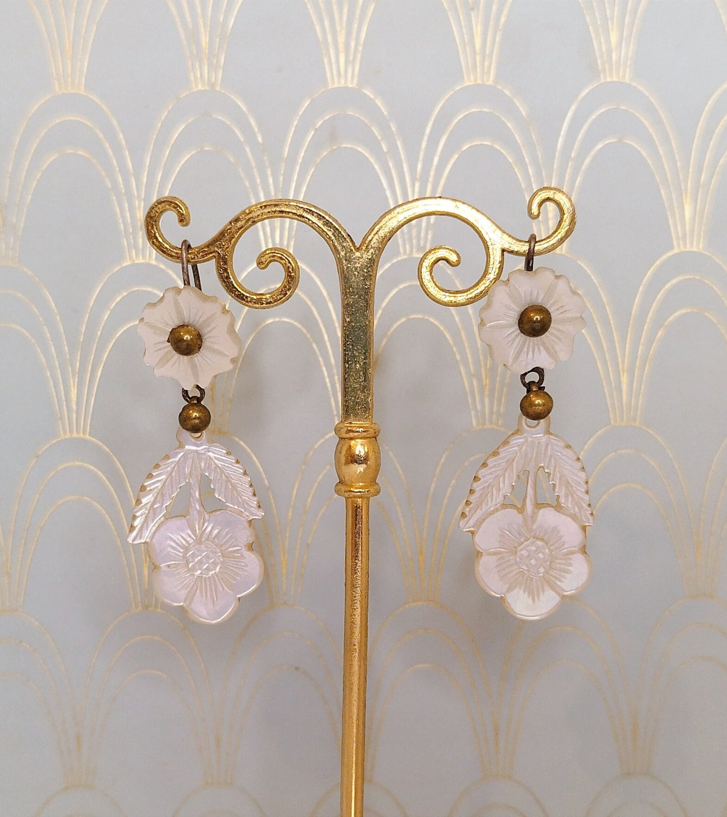 Rare Antique French Mother of Pearl Dangle Drop Earrings, Victorian Forget Me Not Flower Jewellery, Antique Jewelry Box, Dormeuse Earrings