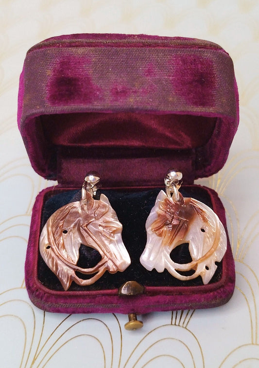 Antique French Mother of Pearl Dangle Drop Earrings, Victorian Jewellery, Art Nouveau Horse Earrings, Vintage Dormeuse Earrings, Jewelry Box
