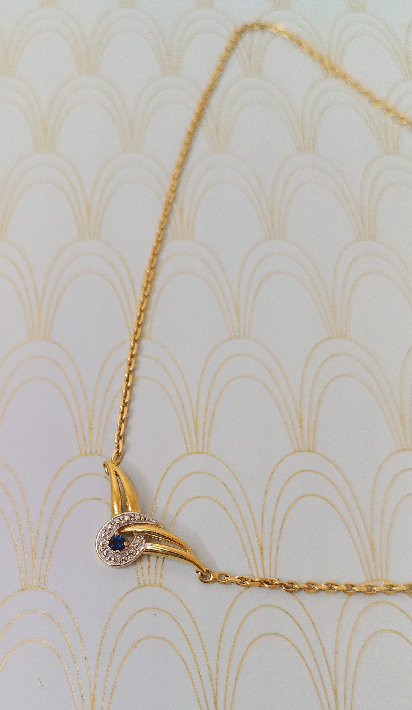 Gold Vintage French Sapphire Swirl Necklace, Art Deco Sapphire Pendant, Antique Gold Chain, Luxury Gift for Her, Art Deco Negligee Necklace