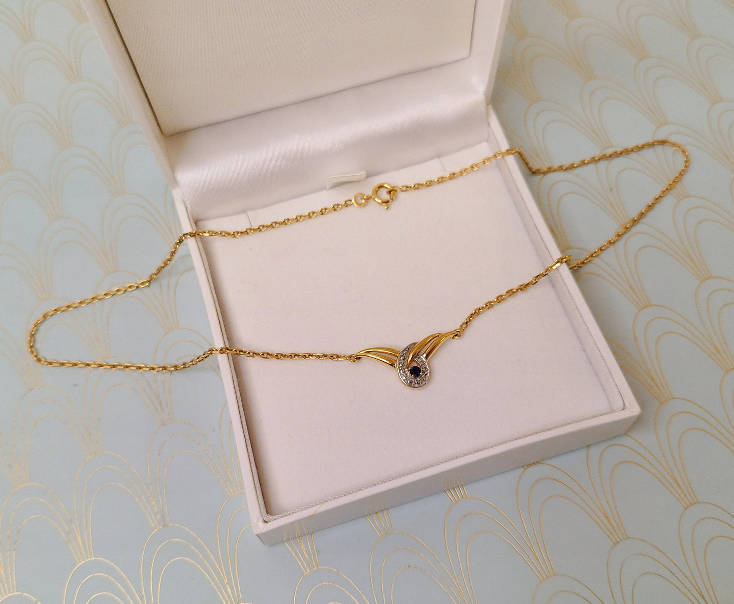 Gold Vintage French Sapphire Swirl Necklace, Art Deco Sapphire Pendant, Antique Gold Chain, Luxury Gift for Her, Art Deco Negligee Necklace
