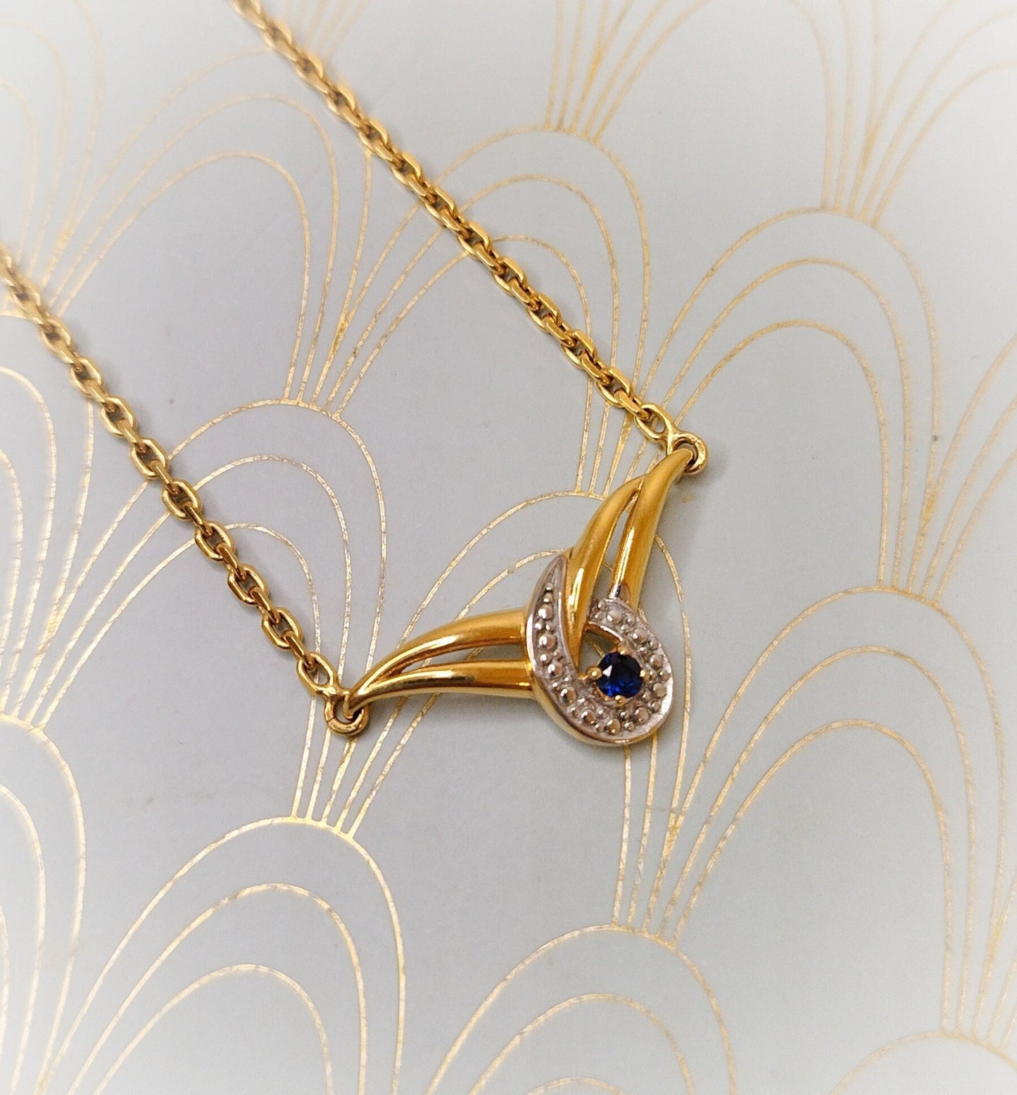 Gold Vintage French Sapphire Swirl Necklace, Art Deco Sapphire Pendant, Antique Gold Chain, Luxury Gift for Her, Art Deco Negligee Necklace