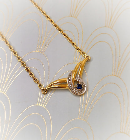 Gold Vintage French Sapphire Swirl Necklace, Art Deco Sapphire Pendant, Antique Gold Chain, Luxury Gift for Her, Art Deco Negligee Necklace