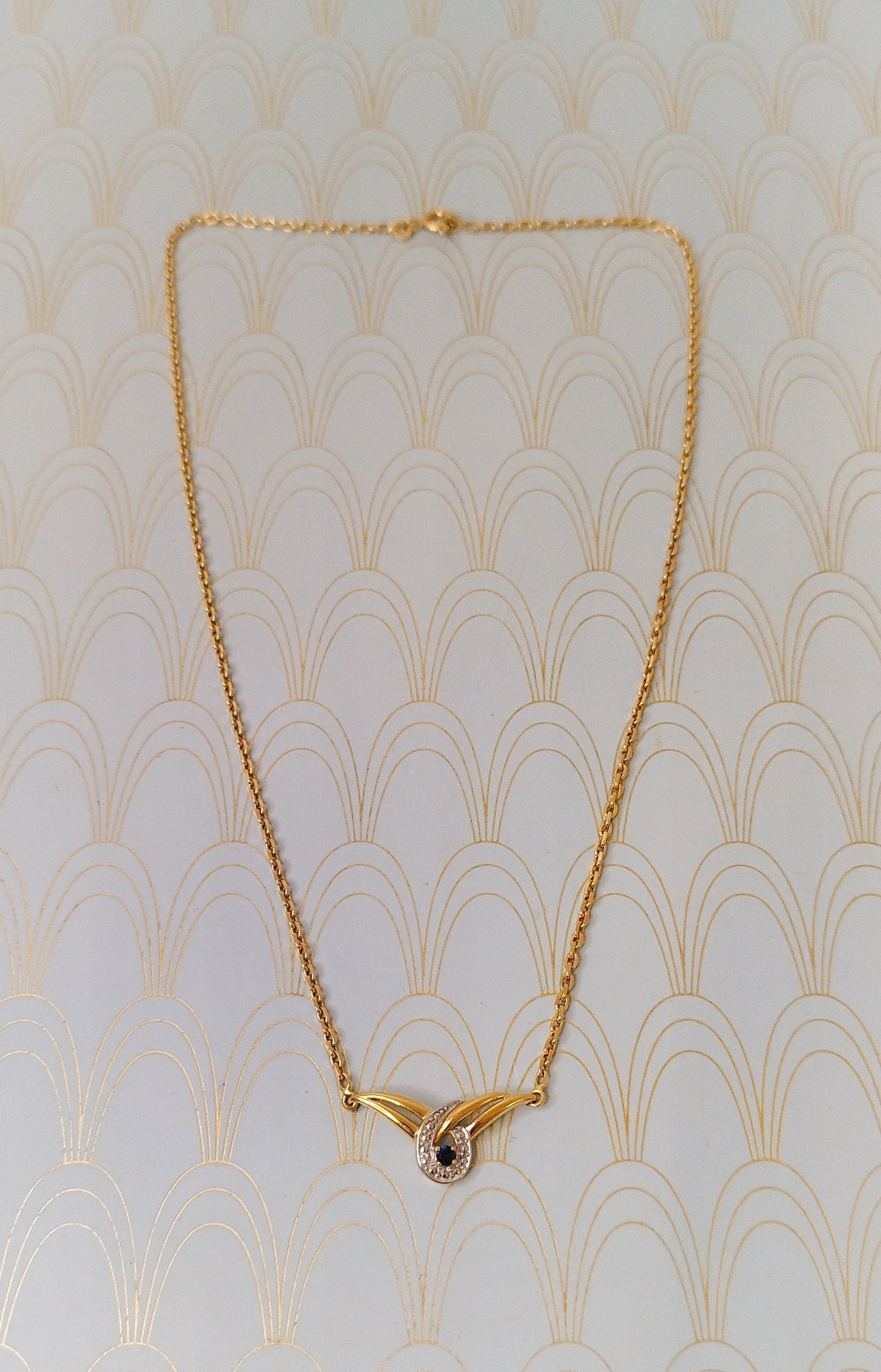 Gold Vintage French Sapphire Swirl Necklace, Art Deco Sapphire Pendant, Antique Gold Chain, Luxury Gift for Her, Art Deco Negligee Necklace