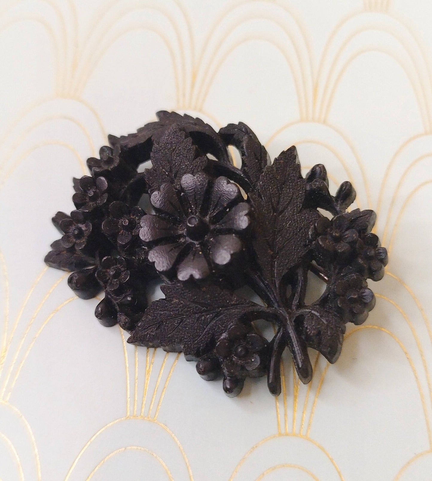 Luxury French Antique Whitby Jet Brooch, 1800s Victorian Jewellery, Floral Pin, Antique Jewelry, Mourning Brooch, Hand Carved Whitby Jet...