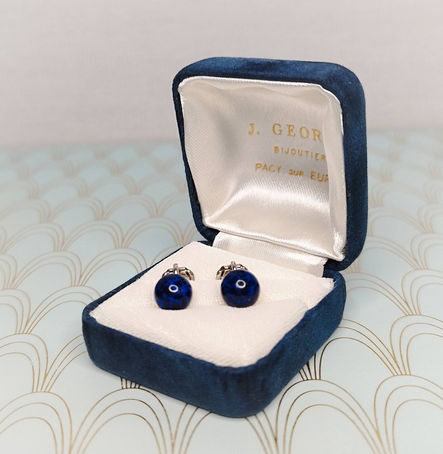 Luxury Vintage French Lapis Lazuli Stud Earrings, Dormeuse Earrings, Clip on Sleepers Earrings, Art Deco Jewelry Box, Lapis Lazuli Jewellery