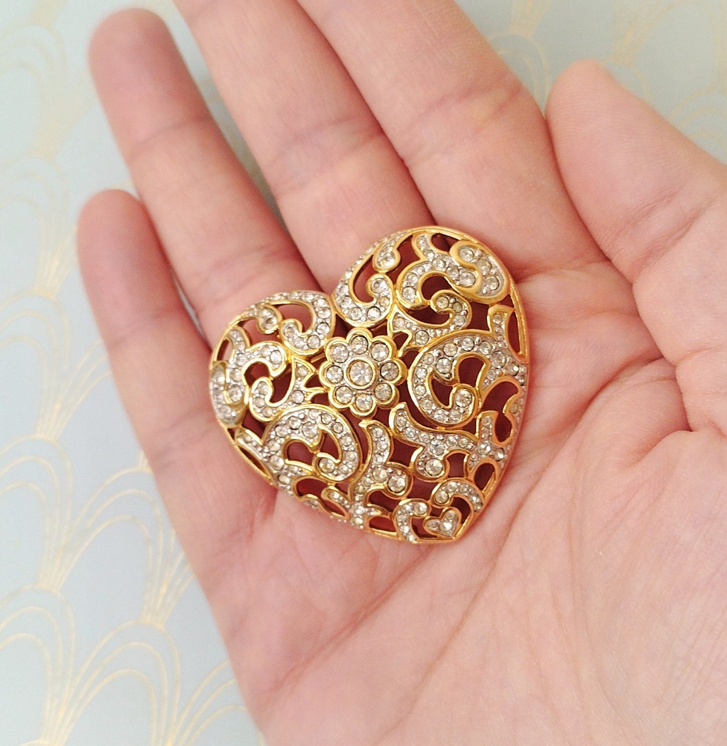 Vintage Swarovzski Heart Crystal Brooch, Heartshaped Jewelry, Gold Heart , Diamond Love Heart, Romantic Gift for Her, Gold Art Nouveau Heart