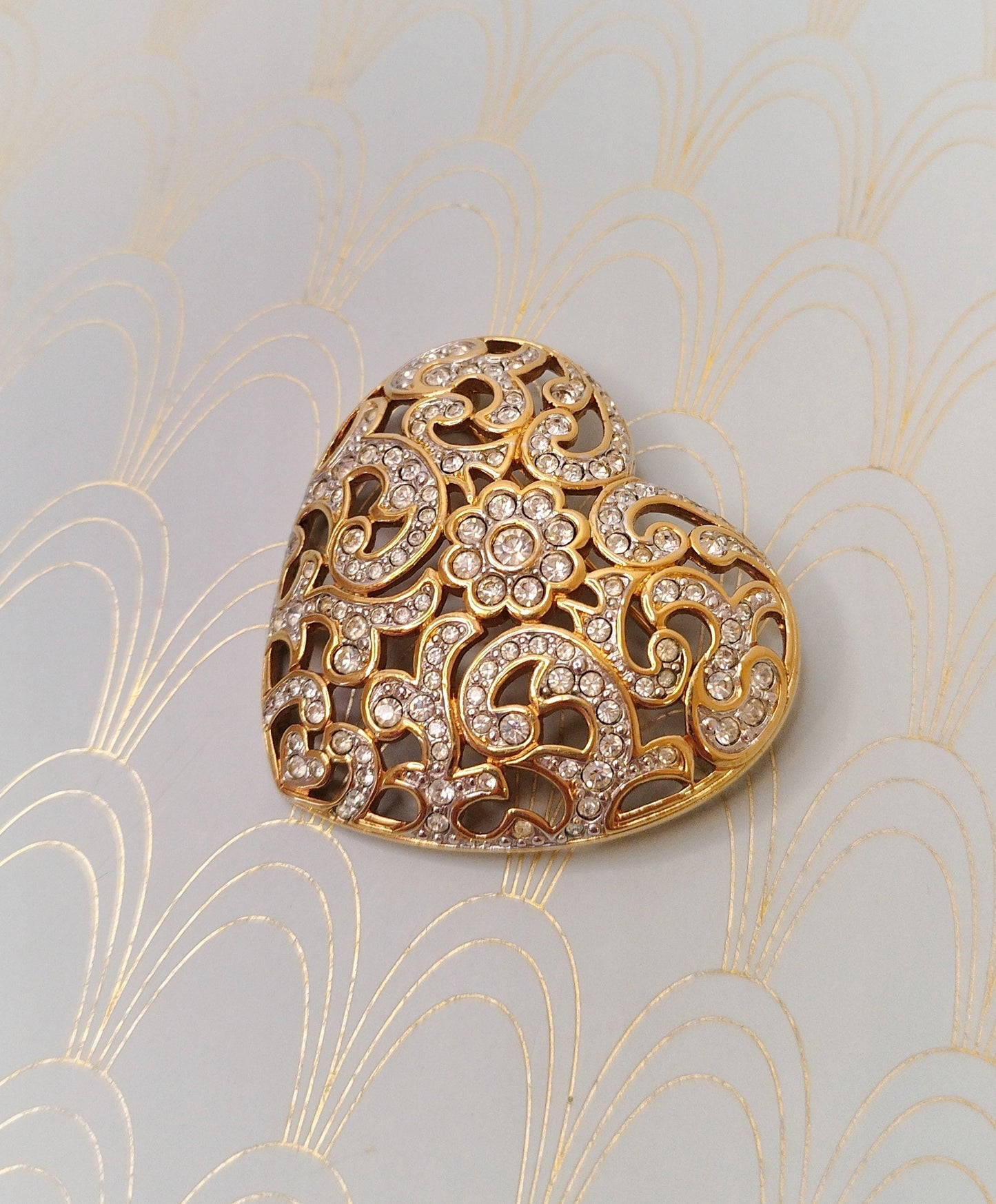 Vintage Swarovzski Heart Crystal Brooch, Heartshaped Jewelry, Gold Heart , Diamond Love Heart, Romantic Gift for Her, Gold Art Nouveau Heart