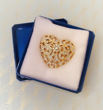 Vintage Swarovzski Heart Crystal Brooch, Heartshaped Jewelry, Gold Heart , Diamond Love Heart, Romantic Gift for Her, Gold Art Nouveau Heart